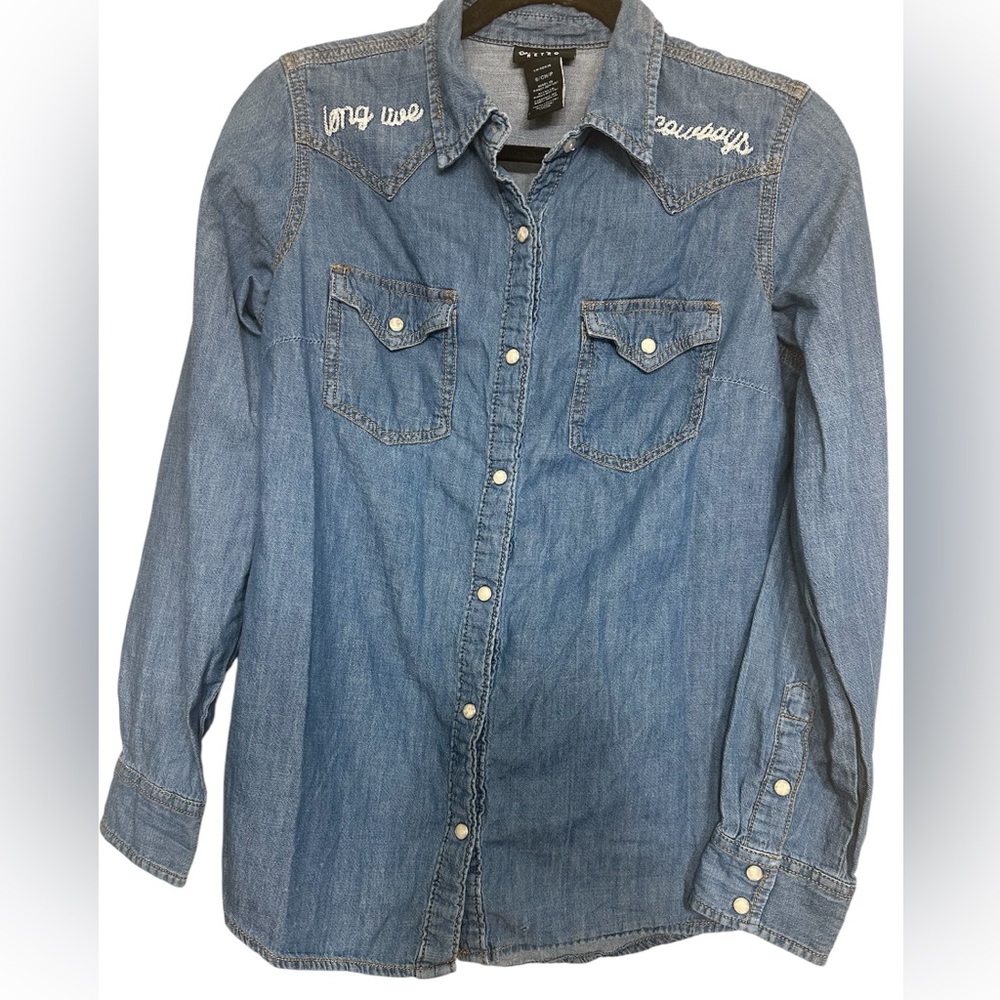 Wrangler Retro Shirt Womens Small Blue Pearl Snap Western Embroidered Cowboys
